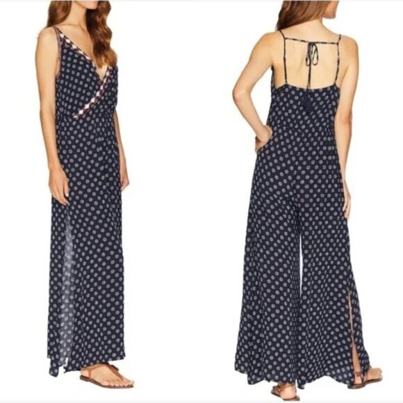 1. State Gypsy Night Embroidered Navy V-Neck High-Slit Wide-Leg Jumpsuit Size S - Picture 2 of 16